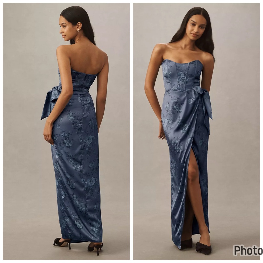 V Chapman June Printed Corset Front Slit Satin Gown Navy Blue Bouquet Size 2